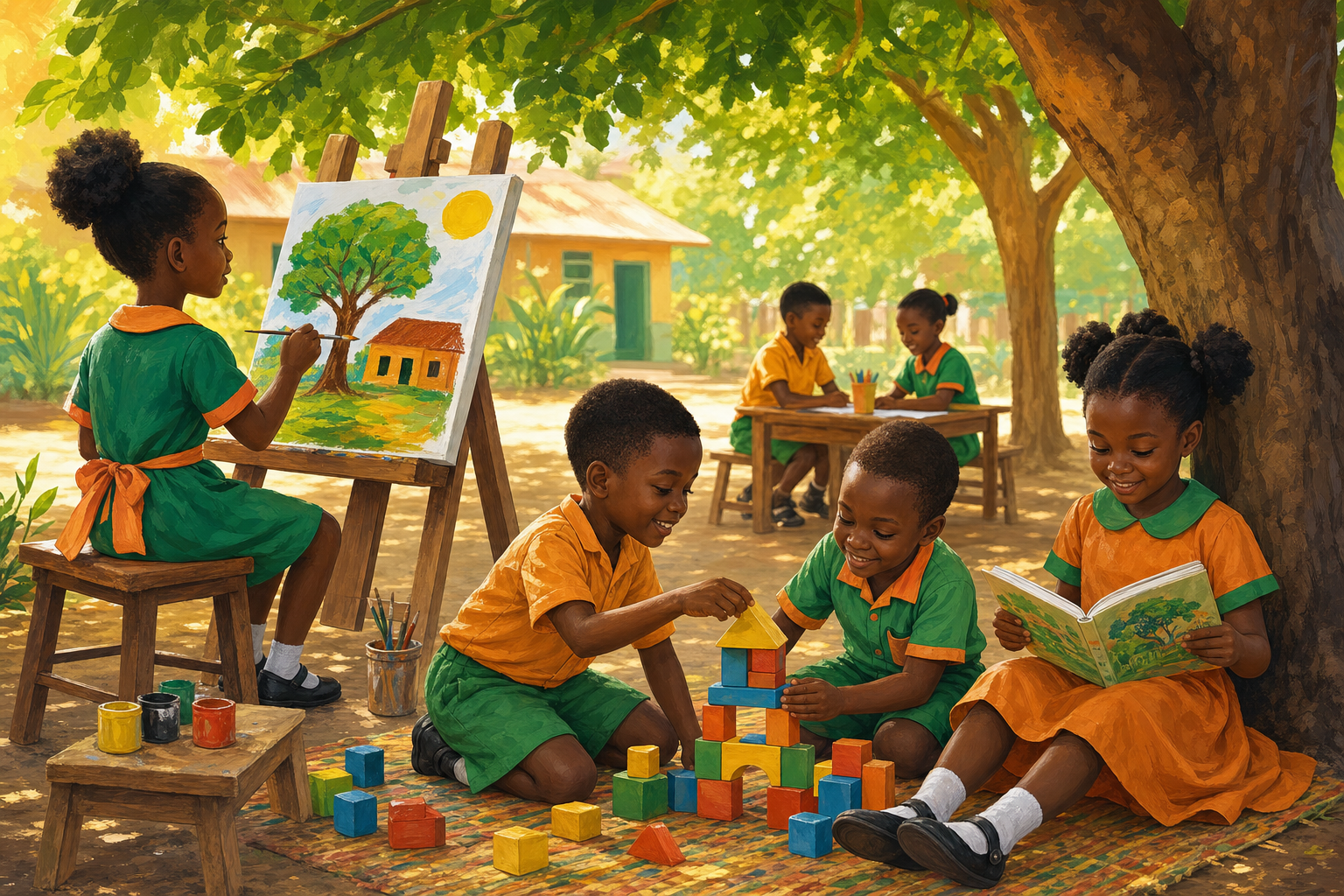 Ghanaian children engaged in creative learning activities outdoors at Growing Tree Elementary School