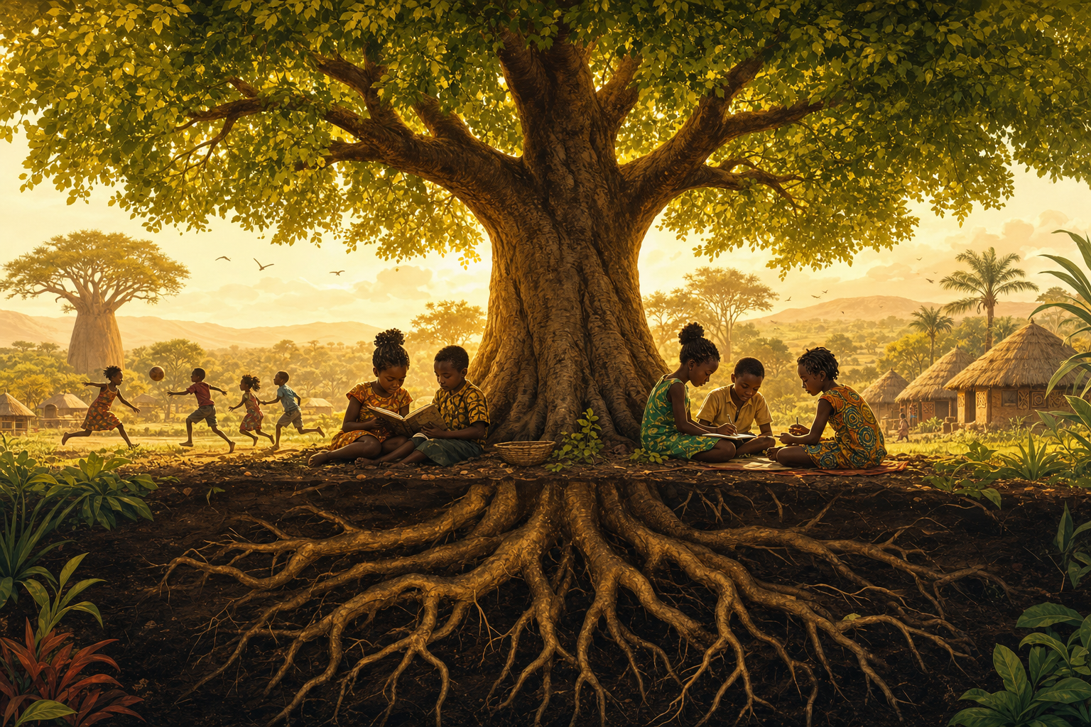 Children learning beneath a large growing tree at golden hour