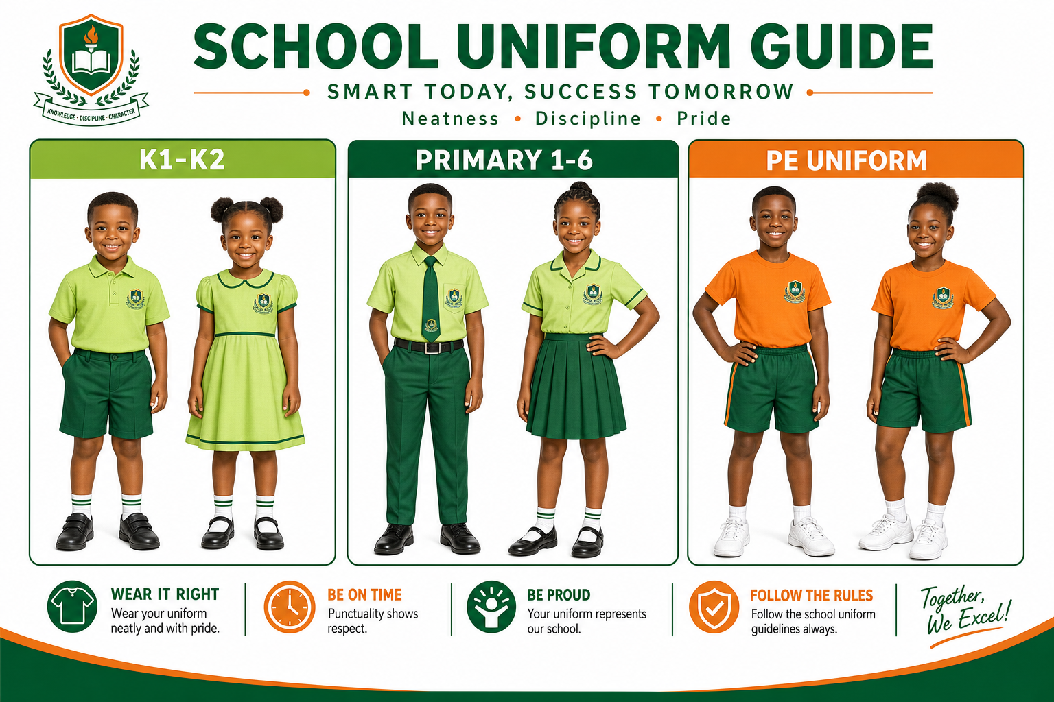 Growing Tree Elementary School uniform guide showing K1-K2 and Primary 1-6 uniforms, PE kit, colors, and accessories